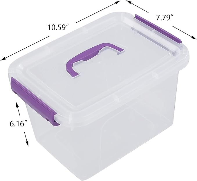 Clear Plastic Bin with Lid, 6 Quart Latching Box with Purple Handle, 6 Packs