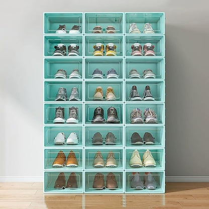 24PCS Transparent Plastic Shoe Box Organizer,Portable Folding Shoe Rack with Clear Door, Space Saving Sneaker Container Bin Holder,Easy To Clean And Install,Green