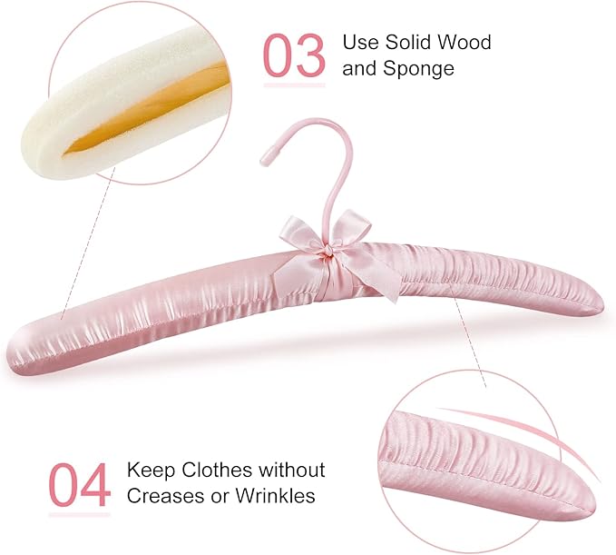 TOPIA HANGER Padded Hangers for Women Clothing,17-inch Satin Hangers 10 Pack Thick Foam Padded No Shoulder Bump for Sweaters, Coat, Blouses, Dresses-Pink,CT18P-10