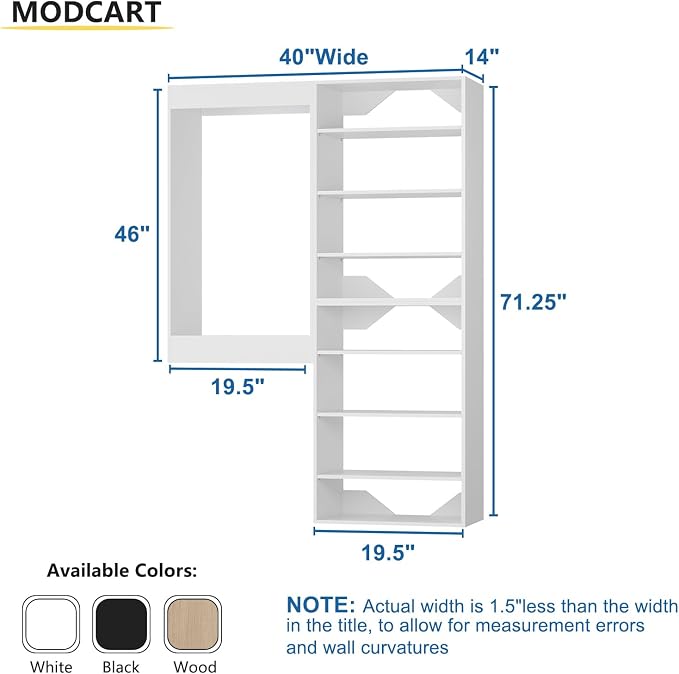 Modular Closet System, 40" Wide Closet Organizer System with Towers and Hanging, Wood Closet Tower Storage for Walk In Closets, Wall Mounted Wardrobe Organizer Kit System, Bedroom, White