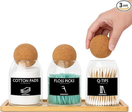 3PCS Qtip Holder for Bathroom Set, 17oz Glass Apothecary Jars with Cork Lids and Tray, Cotton Ball and Swab Holder, Bathroom Containers Organizers and Storage with 9 Labels