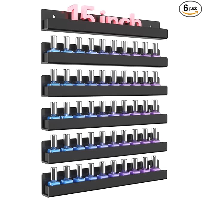 NIUBEE 6 Pack Nail Polish Rack Wall Mounted Shelf with Removable Anti-slip End Inserts, Acrylic Nail Polish Organizer Display 90 Bottles(Black)