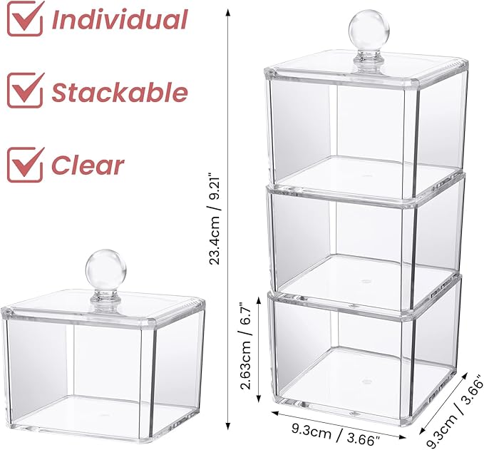 BLVRYVIO Hair Accessories Organizer for Girls, Clear 3 Stackable Acrylic Hair Tie Organizer for Headband, Bows, Cotton Swab Organization, Bathroom Containers Hair Clip Holder Storage with Lids