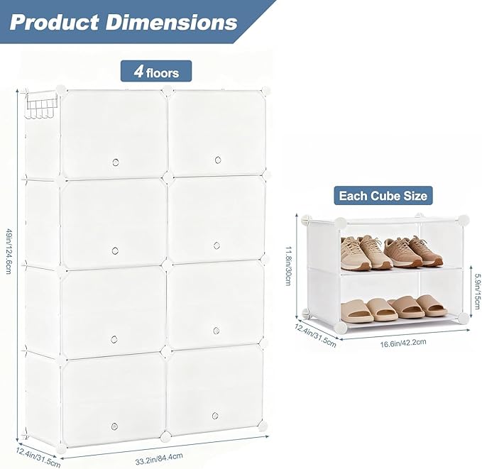 Simple Deluxe 8-Tier Shoe Rack Organizer with Doors, Stackable Shoe Storage Cabinet for Entryway Closet, Plastic Shoe Shelf with Metal Frame, Holds up to 32 Pairs for Bedroom Hallway, White