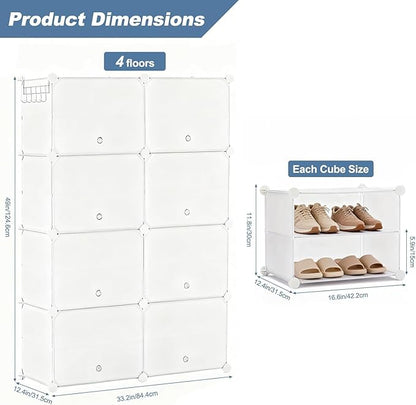 Simple Deluxe 8-Tier Shoe Rack Organizer with Doors, Stackable Shoe Storage Cabinet for Entryway Closet, Plastic Shoe Shelf with Metal Frame, Holds up to 32 Pairs for Bedroom Hallway, White