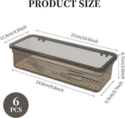 6 Pcs Flatware Tray with Lid Large Plastic Drainer Silverware Utensil Clear Drawer Organizer Cutlery Storage Container Box Dinnerware Holder with Cover for Home Kitchen Travel