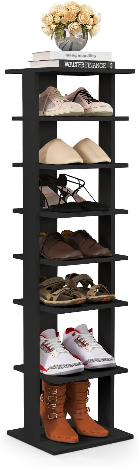 BETTARY 8 Tier Vertical Shoe Rack, Narrow Wooden Corner Shoe Organizer for Small Spaces, Removable Shelves, Anti-toppling Device, Shoe Tower for Entryway, Closet, Bedroom (Black, Single Row)