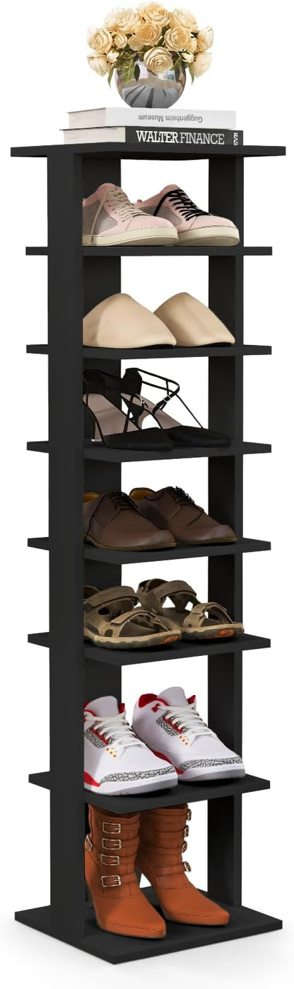 BETTARY 8 Tier Vertical Shoe Rack, Narrow Wooden Corner Shoe Organizer for Small Spaces, Removable Shelves, Anti-toppling Device, Shoe Tower for Entryway, Closet, Bedroom (Black, Single Row)
