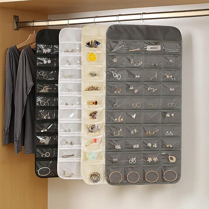 3PCS Hanging Jewelry Organizer with 80 Pocket Double-Sided Jewelry Holder Storage Wall Door Closet Accessories Organizer for Earrings, Necklaces, Rings (Black)