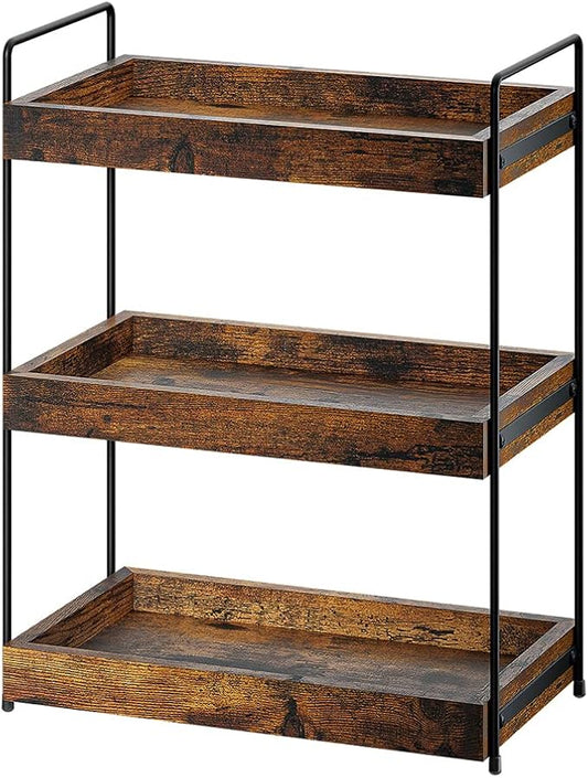 Bathroom Counter Organizer, 3-Tier Wood Spice Rack Organizer for Kitchen Counter, Vanity Skincare Organizers Shelf for Bathroom Storage Organization, Rustic Brown