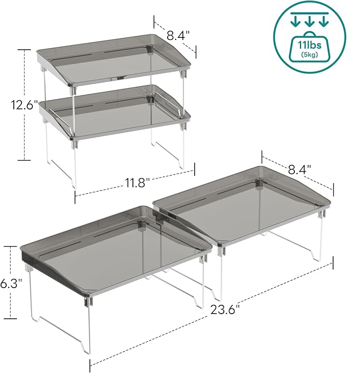 STARLATTA 2 Pcs Cabinet Organizer Shelf，Stackable Kitchen Counter Shelves, Spice Rack,Countertop Organizers，Black Plastic Storage Shelves Rack for Makeup，Bathroom, Cupboard，Desk，Pantry Organization