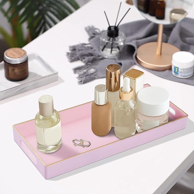 MAONAME Pink Vanity Tray, Bathroom Counter Tray, Decorative Trays with Handles, Storage Dresser Trays Organizer for Perfume, Jewelry, Makeup, 13.8" x 6" x 1.57"