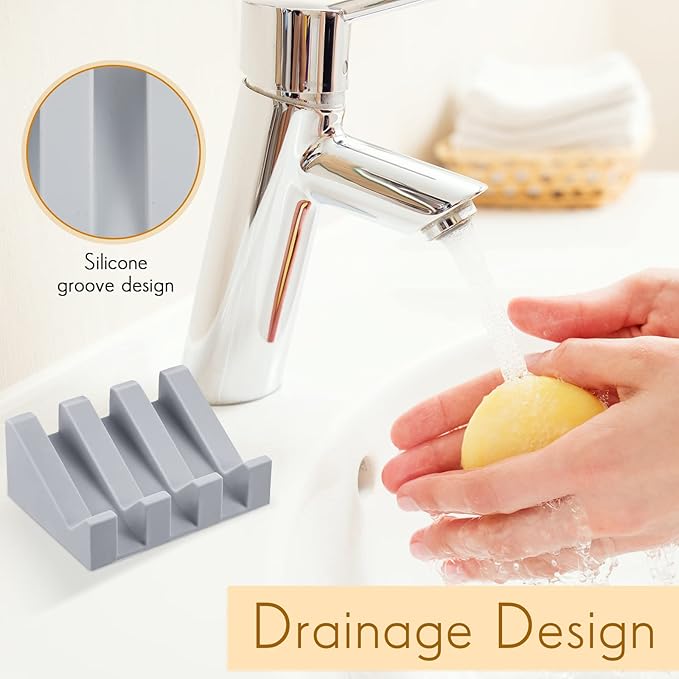 Cunhill 2 Pieces Silicone Soap Dish Self Draining Soap Dish Shower Waterfall Bar Soap Holder Tray with Drain Soap Saver for Kitchen Bathroom Accessories (Light Grey)