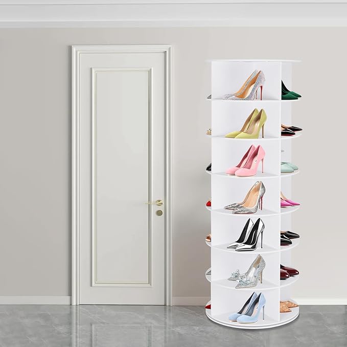 7 Tier Rotating Shoe Rack Tower, 360° Spinning Display Rack, Space Saving Storage Organizer with Lazy Susan for Closet, Hallway, Bedroom, Living Room, Dressing Room