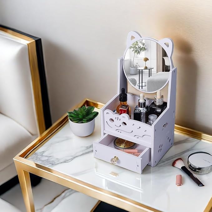 Assemble Makeup Organizer 7 1/2 Inch with Cosmetic Rotating Mirror & Drawer, Compact Vanity Bins Storage, Girl's Dressing Table Essential Skincare Display Case,Countertop Ideal Gift Chioce
