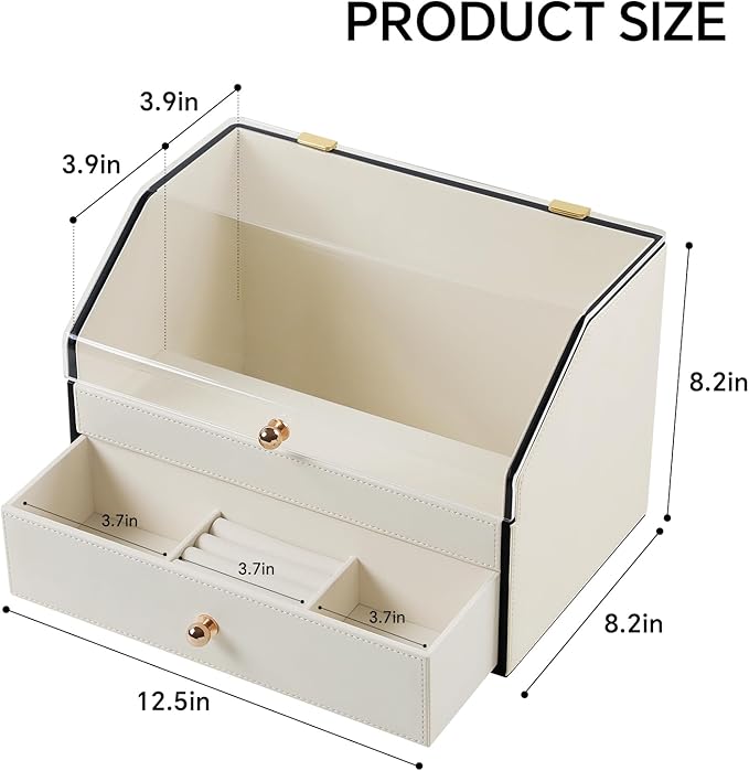 Leather Makeup Organizer & Skincare Storage Rack - Cosmetic Display Case with Dustproof Transparent Cover, Drawer Jewelry Storage, for Bedroom Vanity, Perfume & Lipstick Organizer - White