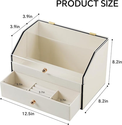 Leather Makeup Organizer & Skincare Storage Rack - Cosmetic Display Case with Dustproof Transparent Cover, Drawer Jewelry Storage, for Bedroom Vanity, Perfume & Lipstick Organizer - White