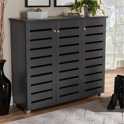 BOWERY HILL 3-Door Wood Entryway Shoe Cabinet, Dark Gray Finish, Engineered Wood Construction, Ventilated Slatted Doors, Holds 20 Pairs, Contemporary Style Shoe Storage for Entryway or Hallway Use