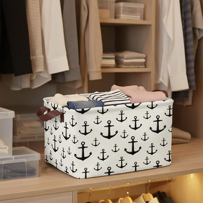 Anchor Storage Basket Waterproof Canvas Toy Storage Bin Home Anchor Decor Collapsible Outdoor Basket with Leather Handles Nautical Decor Blanket Baskets For Closets,Bedrooms,Gifts Baskets