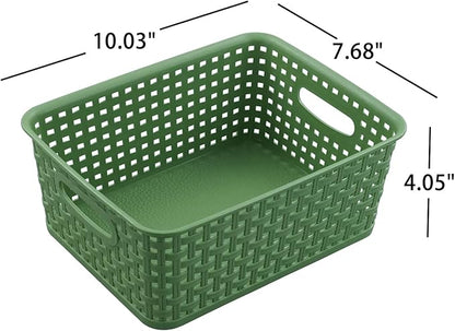 Sadstory Deep Green Plastic Woven Storage Basket, Plastic Shelf Basket, 6 Packs