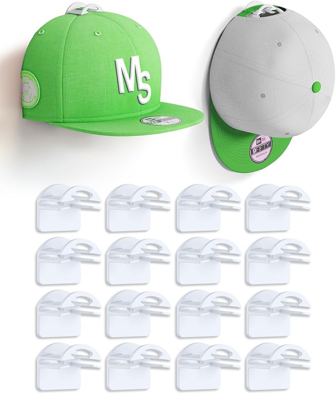 Adhesive Hat Hooks for Wall, Baseball Caps Strong Holdr, Ball Cap Hanger Wall Mount, Hat Display Rack, Hat Organizer Accessories, White 16-Pack