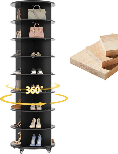 8 Tier Rotating Shoe Rack, Shoe Tower Organizer with 4 Universal Casters, Spinning Lazy Susan Display Storage Rack Round Carousel Vertical Handbag Closet (Dark Black, 23.6’’×23.6’’×74’’)