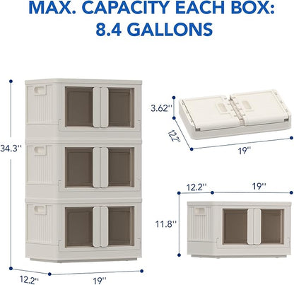 FLEXIMOUNTS 110 QT Stackable Storage Bins With Lids, Collapsible Plastic Storage Bins With Doors and Built-in Wheels For Home Dorm Closet Organizers and Storage, 3 Pack Cubes, Milky White