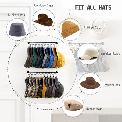 Hat Rack Wall Cap Organizer - Baseball Hat Racks Display Holder with 40 Hooks - Modern Metal Black Hats Storage Wall Mounted Caps Hanger Set of 4 for Closet Door Bedroom Entryway Laundry(Black)