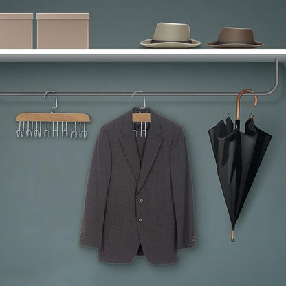 Wooden Belt Holder - Multifunctional Wooden Belt Hanger with 8 Metal Hooks - Wood Tie Scarf Rack Holder Hangers Organizer | for Hanging Belts,Tie,Scarves,neckties, Khaki