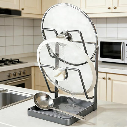 Pot Lid Organizer Rack, Kitchen Pot Lid Storage Rack, Carbon Steel 2-Tier Lids Holder with Detachable Drip Tray While Cooking, Pot Lid Holder Countertop, Multifunctional Space-Saving