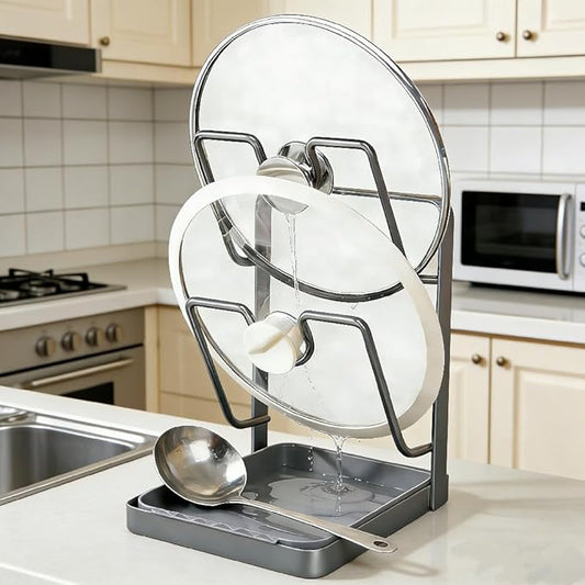 Pot Lid Organizer Rack, Kitchen Pot Lid Storage Rack, Carbon Steel 2-Tier Lids Holder with Detachable Drip Tray While Cooking, Pot Lid Holder Countertop, Multifunctional Space-Saving