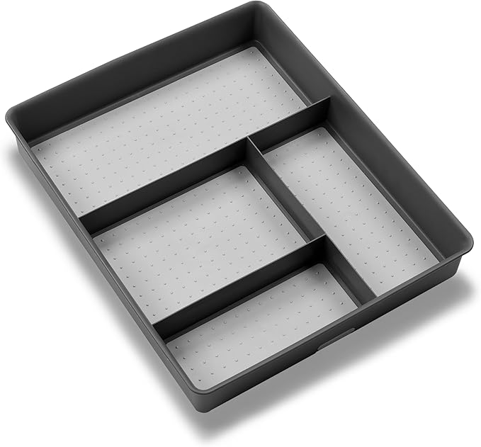 madesmart 4 Compartment Drawer Organizer, Multi Purpose Storage for Utensils, Office Tools, Cords, & Small Household Items, Tech Accessories, Arts & Crafts Supplies, Non Slip Lining, Granite