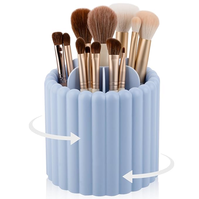 Anyoifax 360 Rotating Makeup Brush Holder 7 Slots Make Up Brush Organizer Removable Spinning Cosmetic Brushes Storage Pen Holder for Vanity, Dresser, Desk, Blue