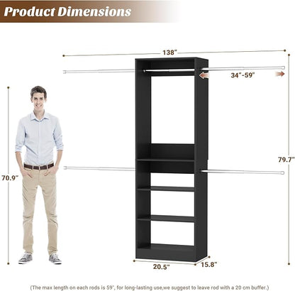 12FT Large Open Closet System, 138'' Wall-Mounted Closet Shelving with 5 Hanging Rods and 6 Shelves, Customizable Wardrobe for Walk-In Closets, Fits 5–12FT Spaces, Black