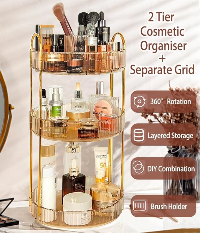VNIMTI Skincare Organizers 360 Rotating, 3 Tier Makeup Organizer Countertop, Spinning Cosmetics Organizer Display Cases, Beauty Storage for Vanity, Countertop, Bathroon (Gold - Separate Grids)