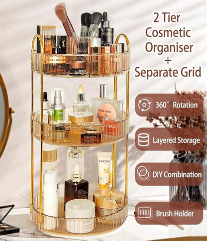 VNIMTI Skincare Organizers 360 Rotating, 3 Tier Makeup Organizer Countertop, Spinning Cosmetics Organizer Display Cases, Beauty Storage for Vanity, Countertop, Bathroon (Gold - Separate Grids)