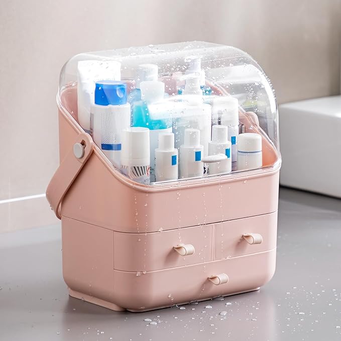 HBlife Makeup Organizer, Waterproof & Dustproof Cosmetic Storage, Fully Open Lid Makeup Display Box, Skincare Organizer for Bathroom Countertop Vanity, Pink