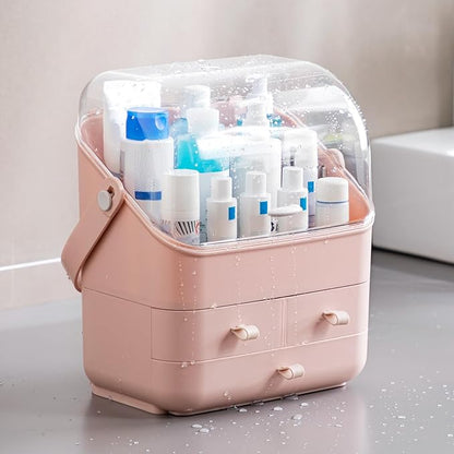 HBlife Makeup Organizer, Waterproof & Dustproof Cosmetic Storage, Fully Open Lid Makeup Display Box, Skincare Organizer for Bathroom Countertop Vanity, Pink