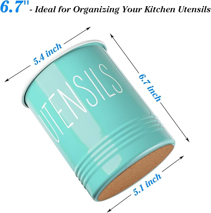 Bivvclaz Teal Kitchen Utensil Holder, 6.7" Utensil Holder for Kitchen Counter, Cooking Utensil Crock with Cork Bottom, Turquoise Decor and Accessories, Countertop Utensil Storage Caddy Organizer