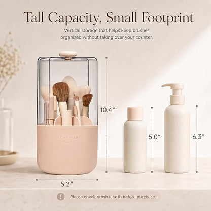 EACHY Makeup Brush Holder 360° Rotating with Dustproof Lid, Waterproof Material, 7 Compartments for Organized Storage, Stylish and Durable Design for Vanity (Pink)