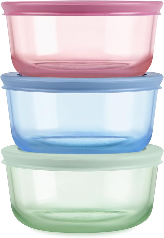 Pyrex Colors (3-Pack, Medium) Tinted Glass Round Food Storage Container Set, Snug Fit Non-Toxic Plastic BPA-Free Lids, Freezer Dishwasher Microwave Safe, 2 Cup, 4 Cup & 7 Cup, Blue