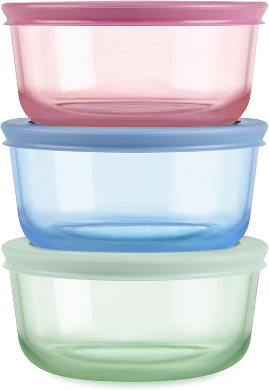 Pyrex Colors (3-Pack, Medium) Tinted Glass Round Food Storage Container Set, Snug Fit Non-Toxic Plastic BPA-Free Lids, Freezer Dishwasher Microwave Safe, 2 Cup, 4 Cup & 7 Cup, Blue