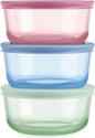 Pyrex Colors (3-Pack, Medium) Tinted Glass Round Food Storage Container Set, Snug Fit Non-Toxic Plastic BPA-Free Lids, Freezer Dishwasher Microwave Safe, 2 Cup, 4 Cup & 7 Cup, Blue