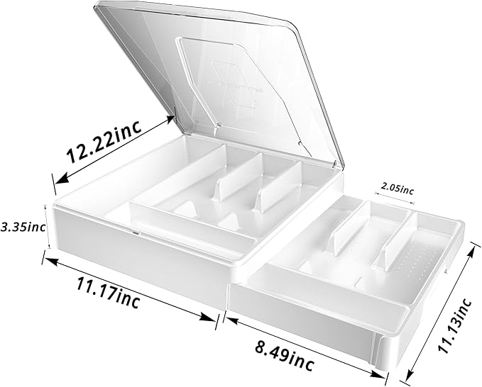 Double Layer Silverware Tray with Lid, Drawer Organizer for Utensil Tray, Cutlery Storage Holder with Cover, White