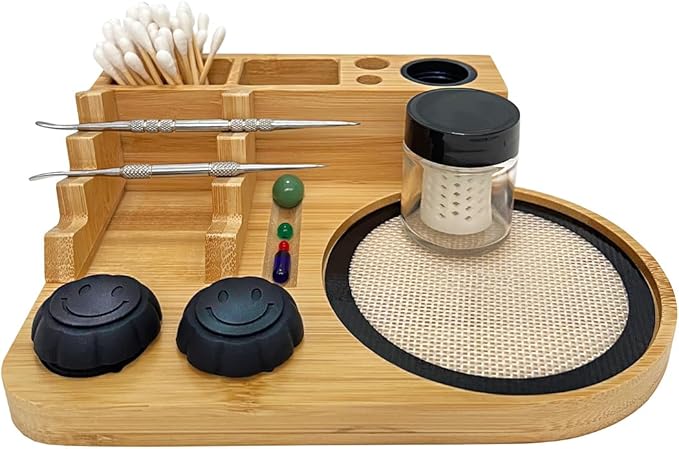 Bamboo Desk Organizer,Carving Tool Organizer with Non-sticky Mat and Silicone Container (21 x 16 x 4.5cm)