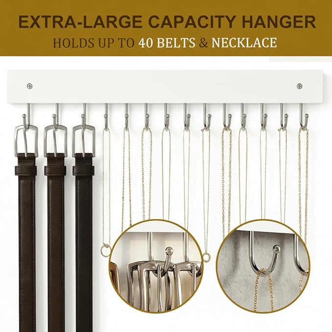Wall Mounted Tie & Belt Rack Organizer - 2 Pack, 28 Hooks Hold 40 Ties & 40 Belts, 180° Rotating Space Saving Design, Sturdy Wood Decorative Wall Storage (White)