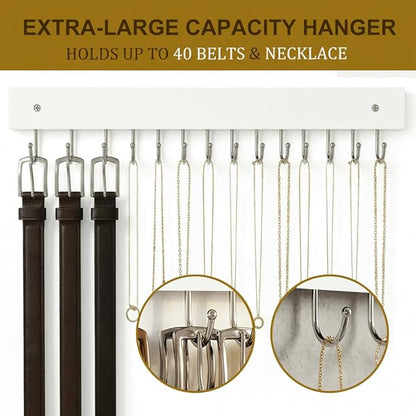 Wall Mounted Tie & Belt Rack Organizer - 2 Pack, 28 Hooks Hold 40 Ties & 40 Belts, 180° Rotating Space Saving Design, Sturdy Wood Decorative Wall Storage (White)