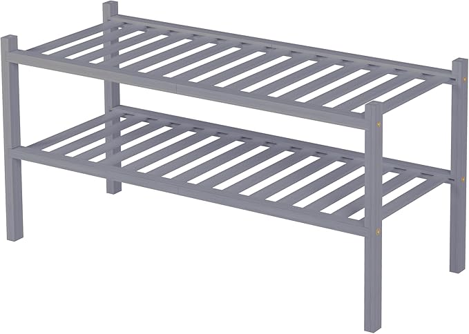 ROMGUAR CRAFT 2 Tier Bamboo Shoe Rack for Closet Free Standing Wood Shoe Shelf for Entryway Small Space Stackable 27"x11"x13" (Grey)