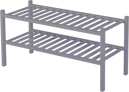 ROMGUAR CRAFT 2 Tier Bamboo Shoe Rack for Closet Free Standing Wood Shoe Shelf for Entryway Small Space Stackable 27"x11"x13" (Grey)