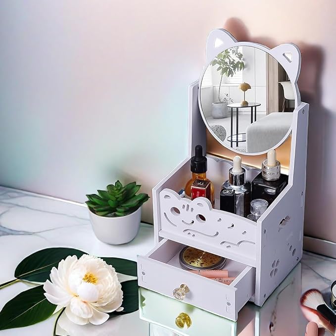 Assemble Makeup Organizer 7 1/2 Inch with Cosmetic Rotating Mirror & Drawer, Compact Vanity Bins Storage, Girl's Dressing Table Essential Skincare Display Case,Countertop Ideal Gift Chioce